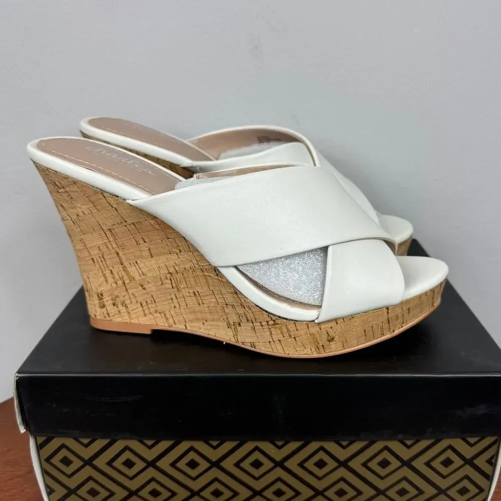 New Charles by Charles David Latrice Cork Wedge Sandal in White Women's Size 9